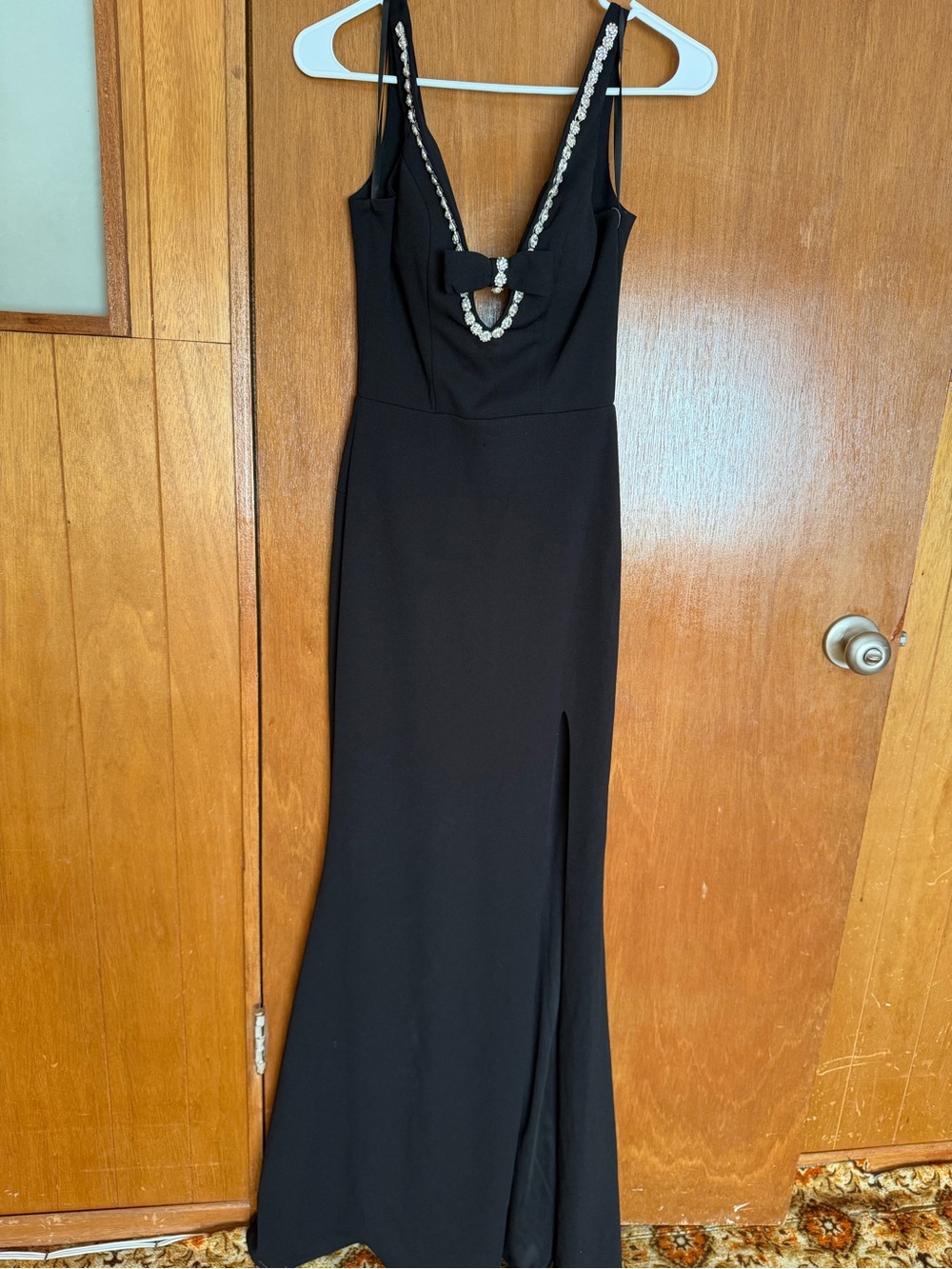 Studio Black Maxi Dress with Jeweled Trim and Bow